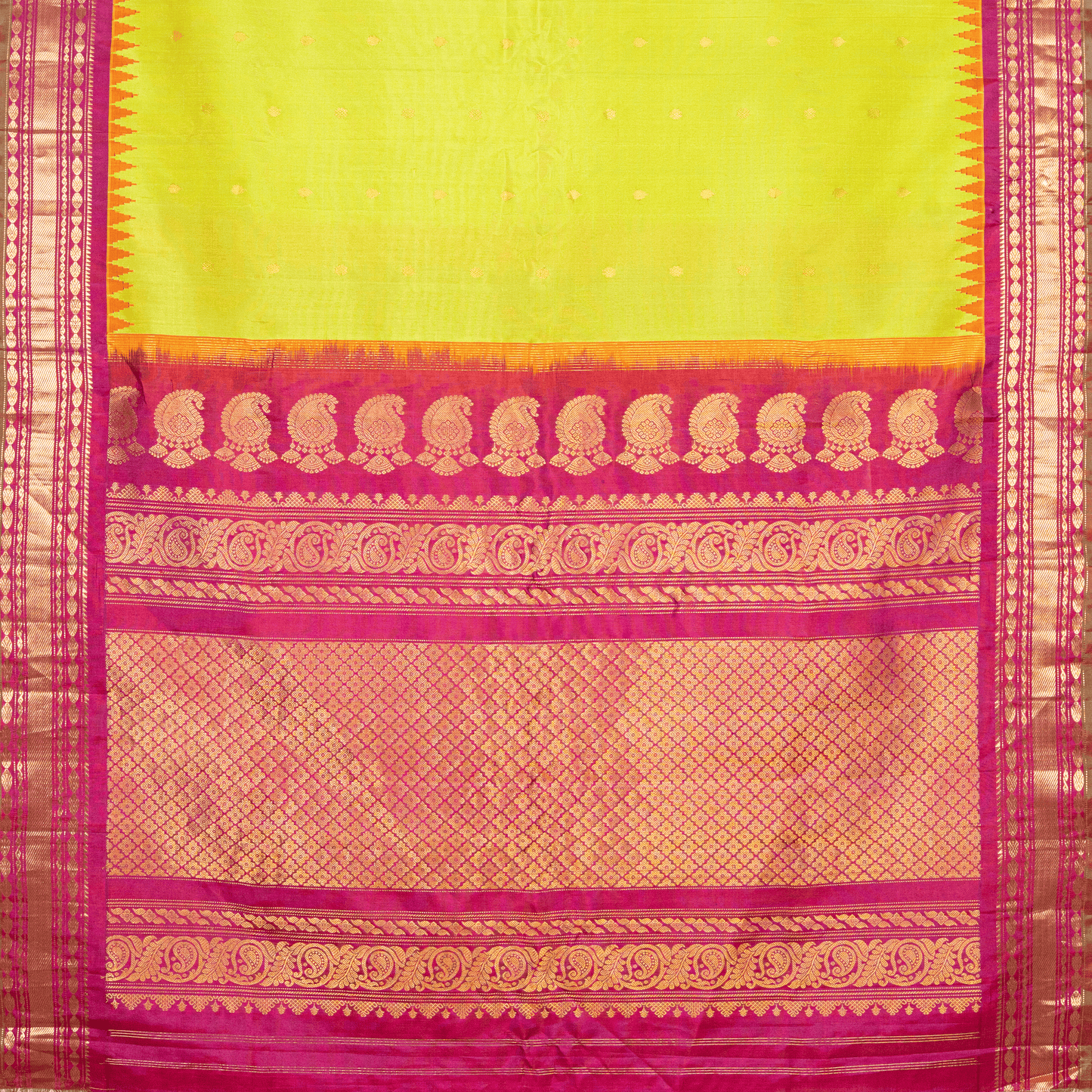 Vibrant Neon Yellow & Rani Pink Silk Saree with Woven Zari Pallu