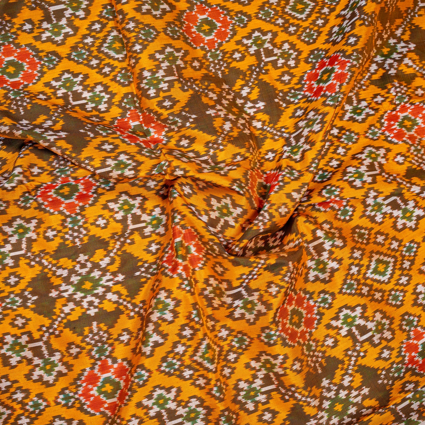 Rich Mustard Yellow & Red Silk Saree with Ikat Weave