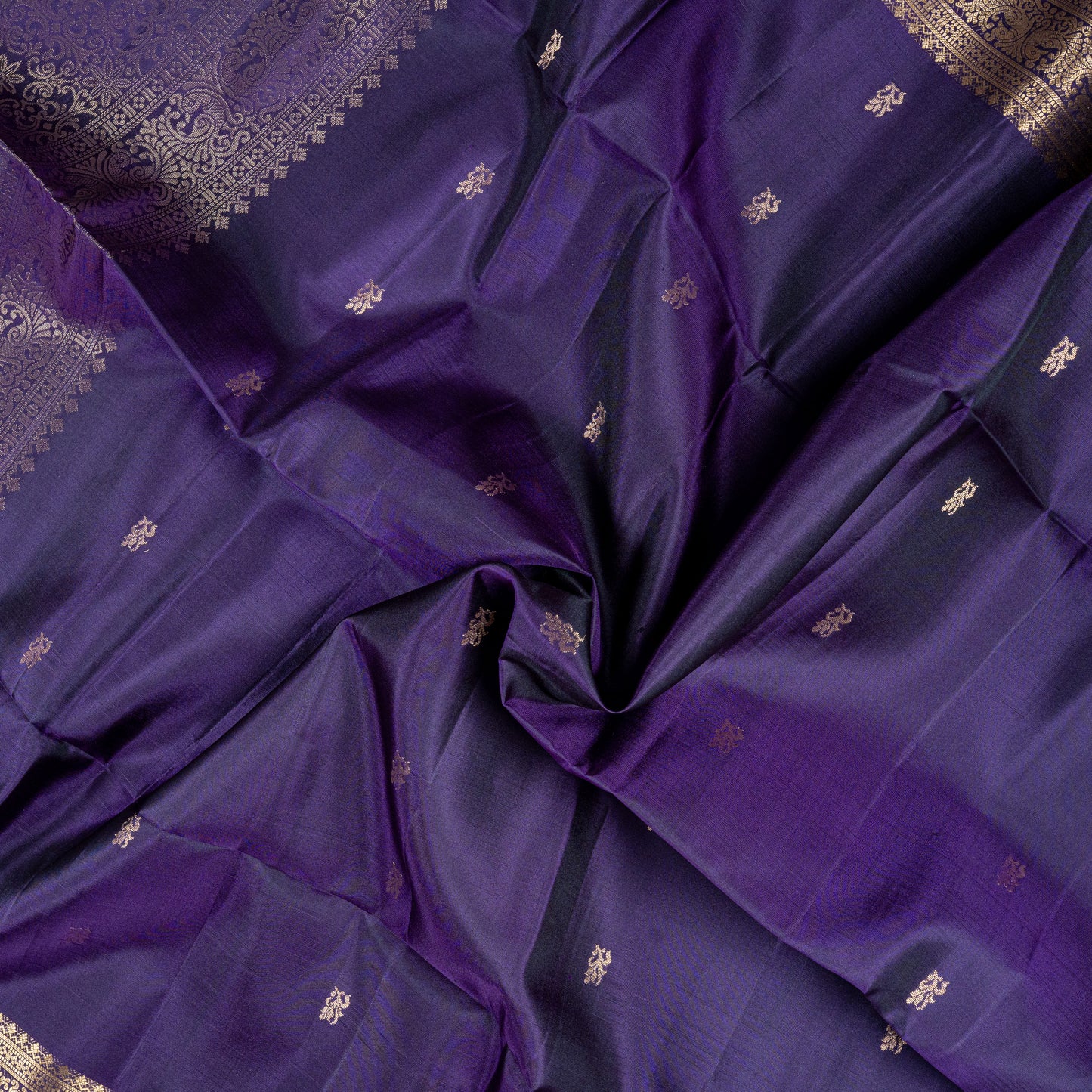 Luxurious Deep Purple Soft Silk Saree with Antique Gold Zari Buttas