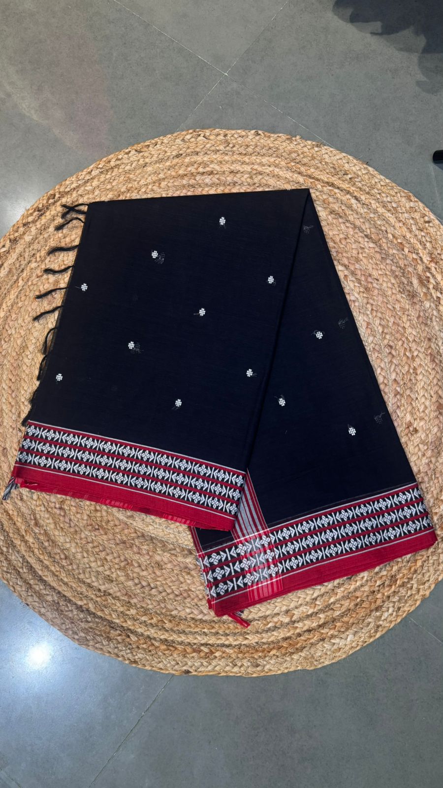 Black Cotton Saree with Red Ikat Border
