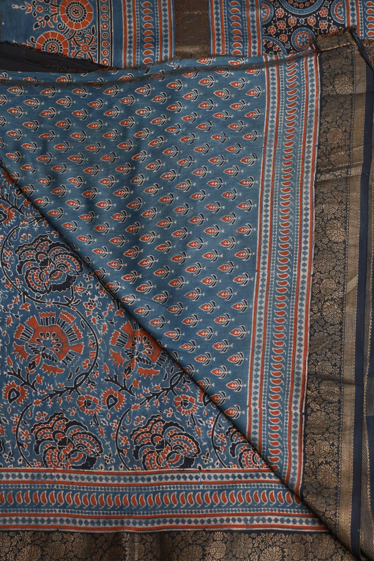 Ajrak Chanderi Handblock Print Saree With Black Zari Border, folded saree view
