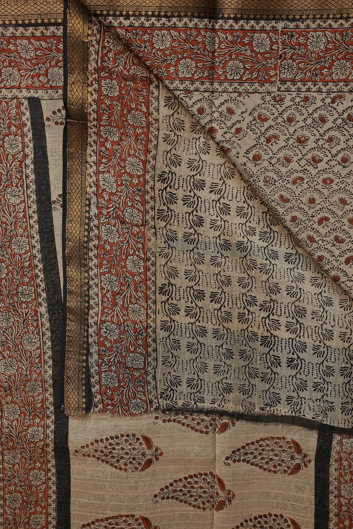 Bagru Chanderi Handblock Print Saree With Zari Border Design A, folded saree view
