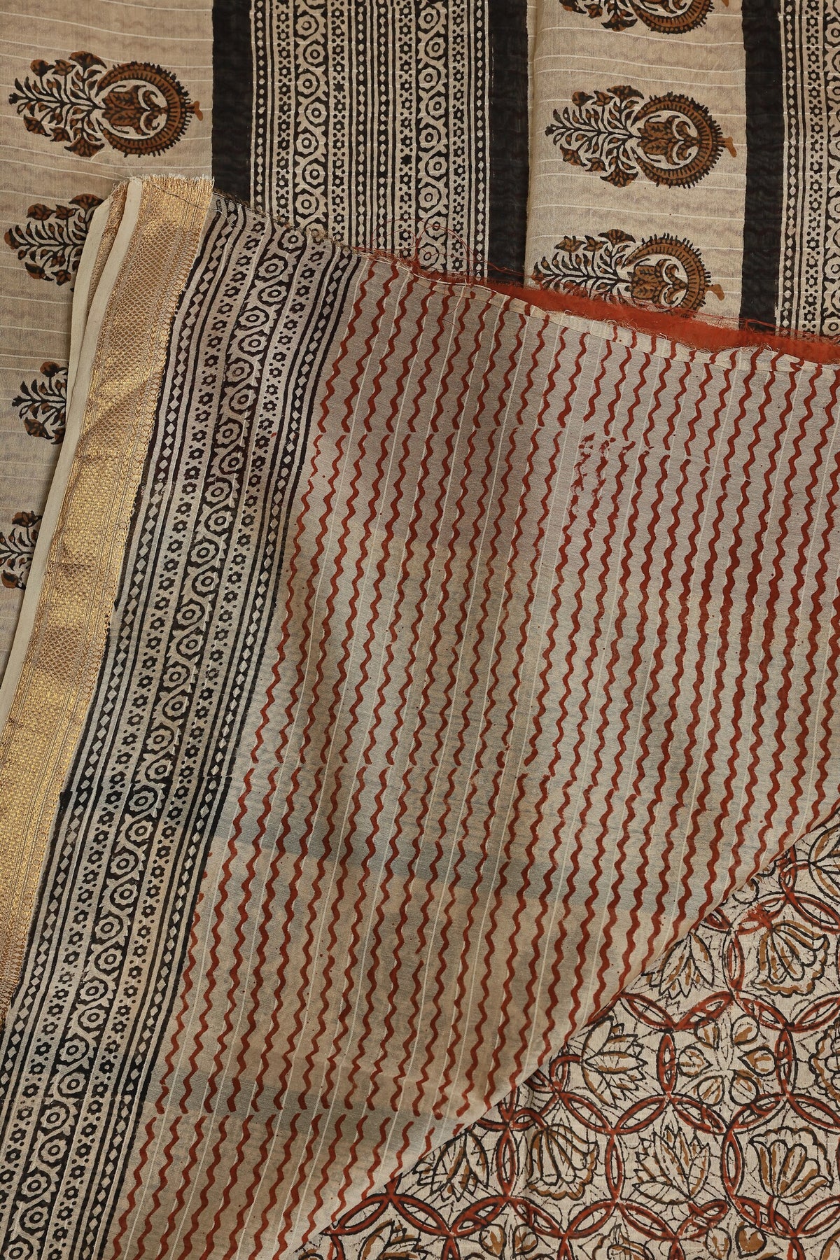 Bagru Chanderi Handblock Print Saree With Zari Border Design B, folded saree view