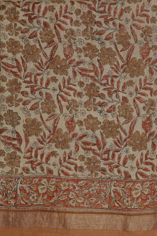 Bagru Handblock Print Linen Saree In Natural Dye, fabric detail