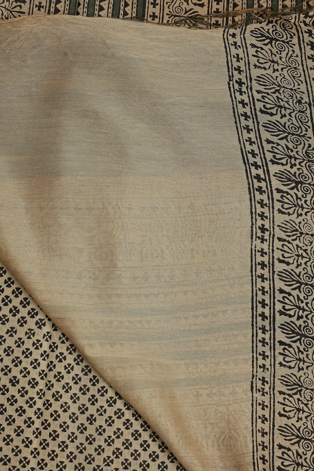 Beige Chanderi Handblock Print Saree With Natural Dye And Green Border, folded saree view