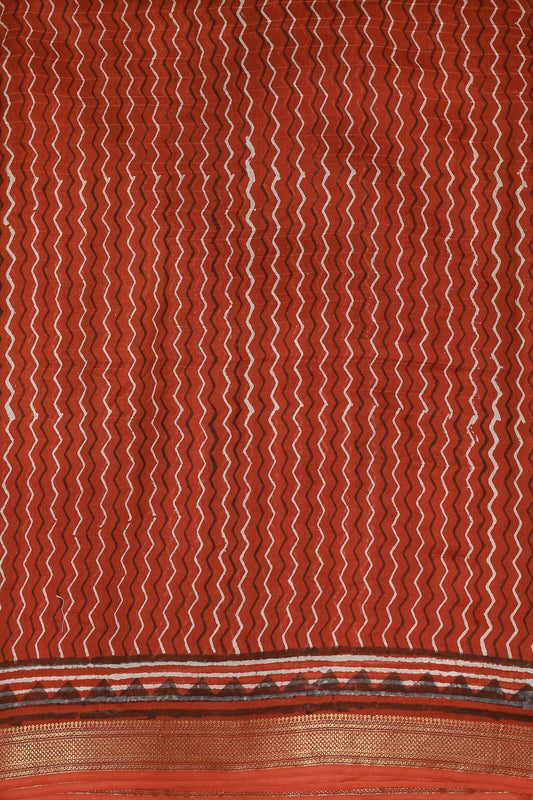 Brick Red Chanderi Silk Saree With Zari Border, fabric detail