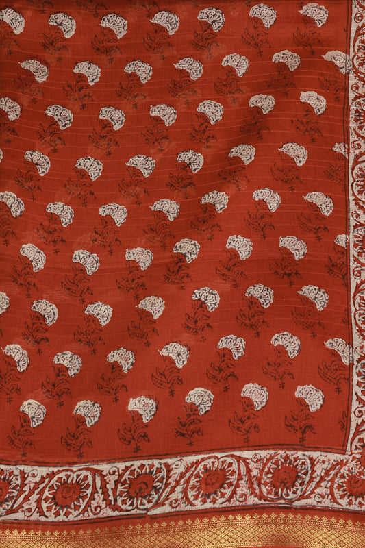 Brick Red Chanderi Silk Saree With Zari Border Handblock Print, fabric detail