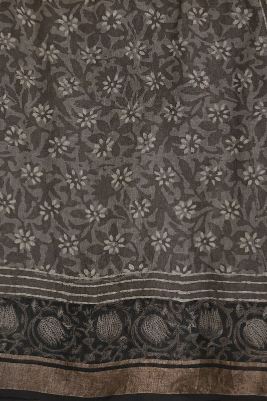 Dark Grey Linen Handblock Print Saree With Black And Zari Border, fabric detail