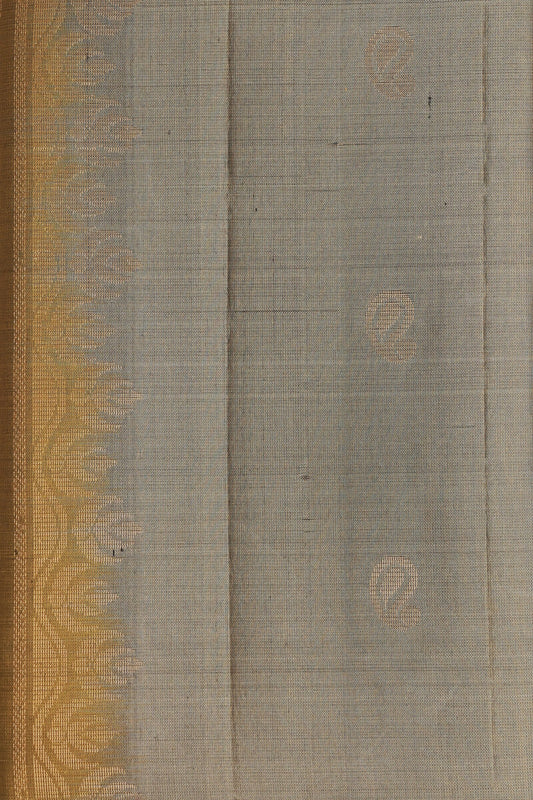Grey And Golden Yellow Pure Silk Saree With Zari Border, fabric detail