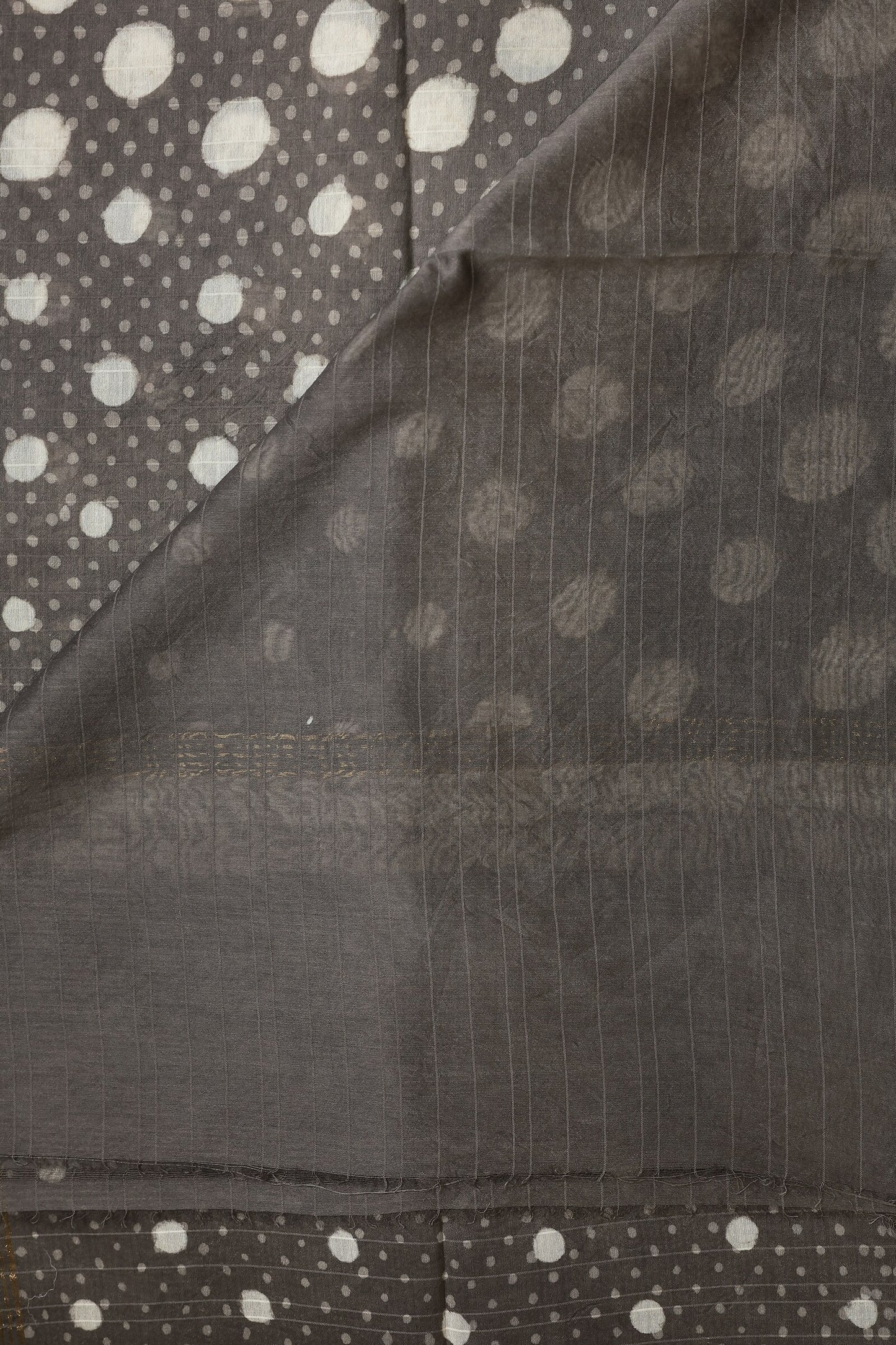 Grey Chanderi Handblock Print Saree With Small And Big Off White Polka Dots, folded saree view