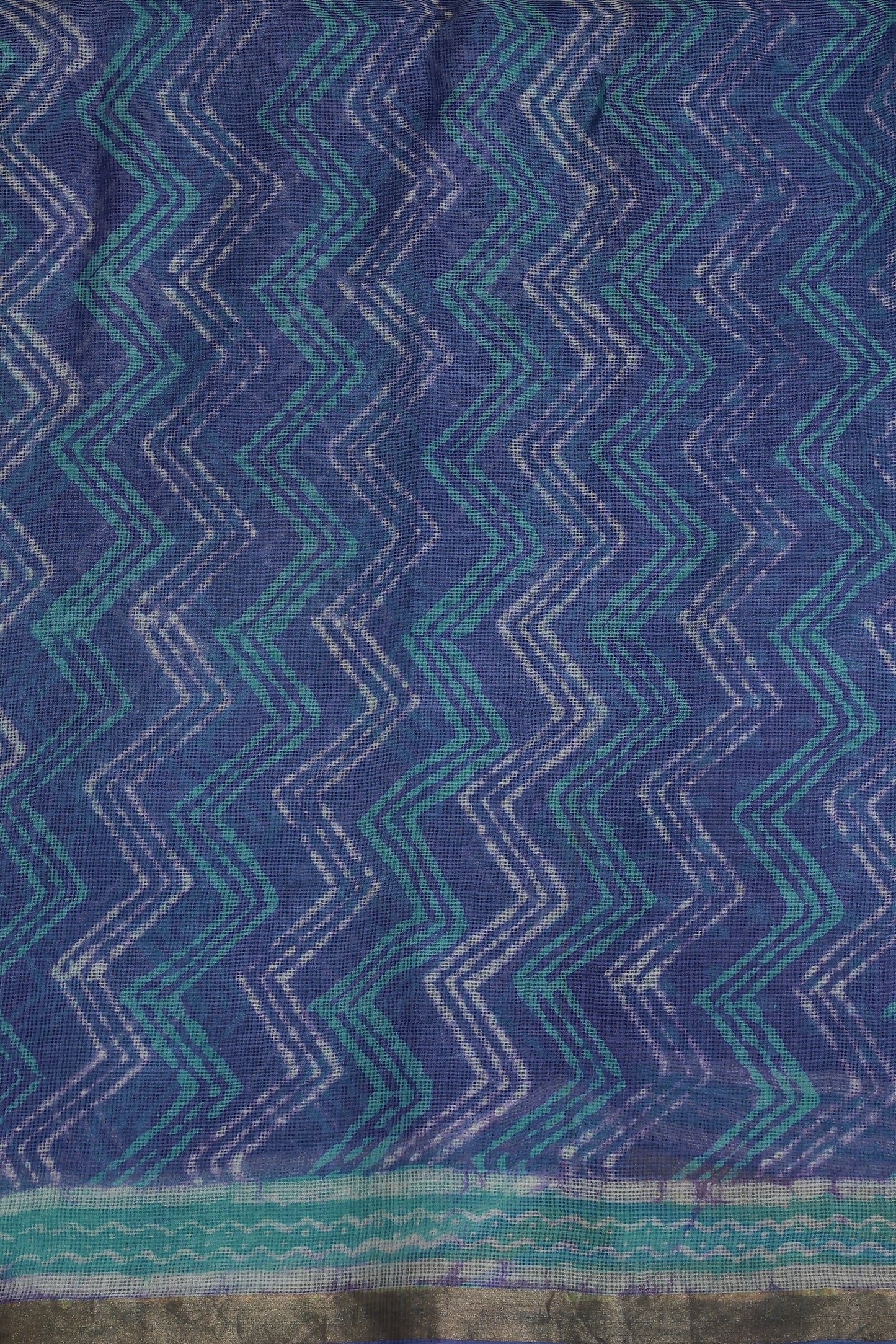 Indigo Silk Kota With Golden Zari Border, fabric detail