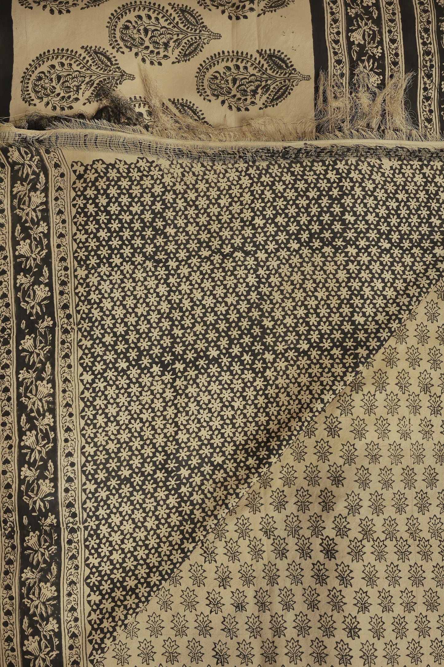 Light Golden Yellow And Black Handblock Bangalore Silk Saree With Natural Dye, folded saree view