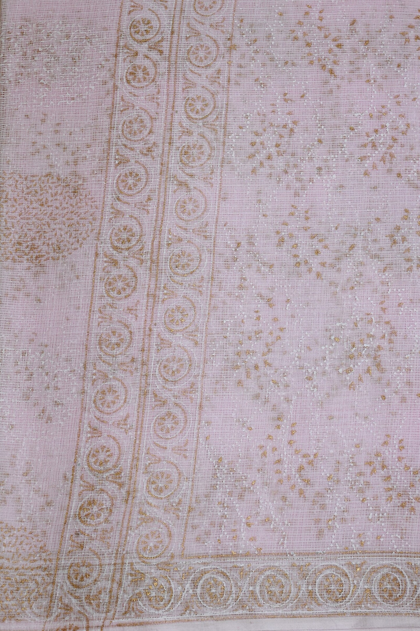 Light Pink Kota Saree With Simple Zari Handblock Print, fabric detail