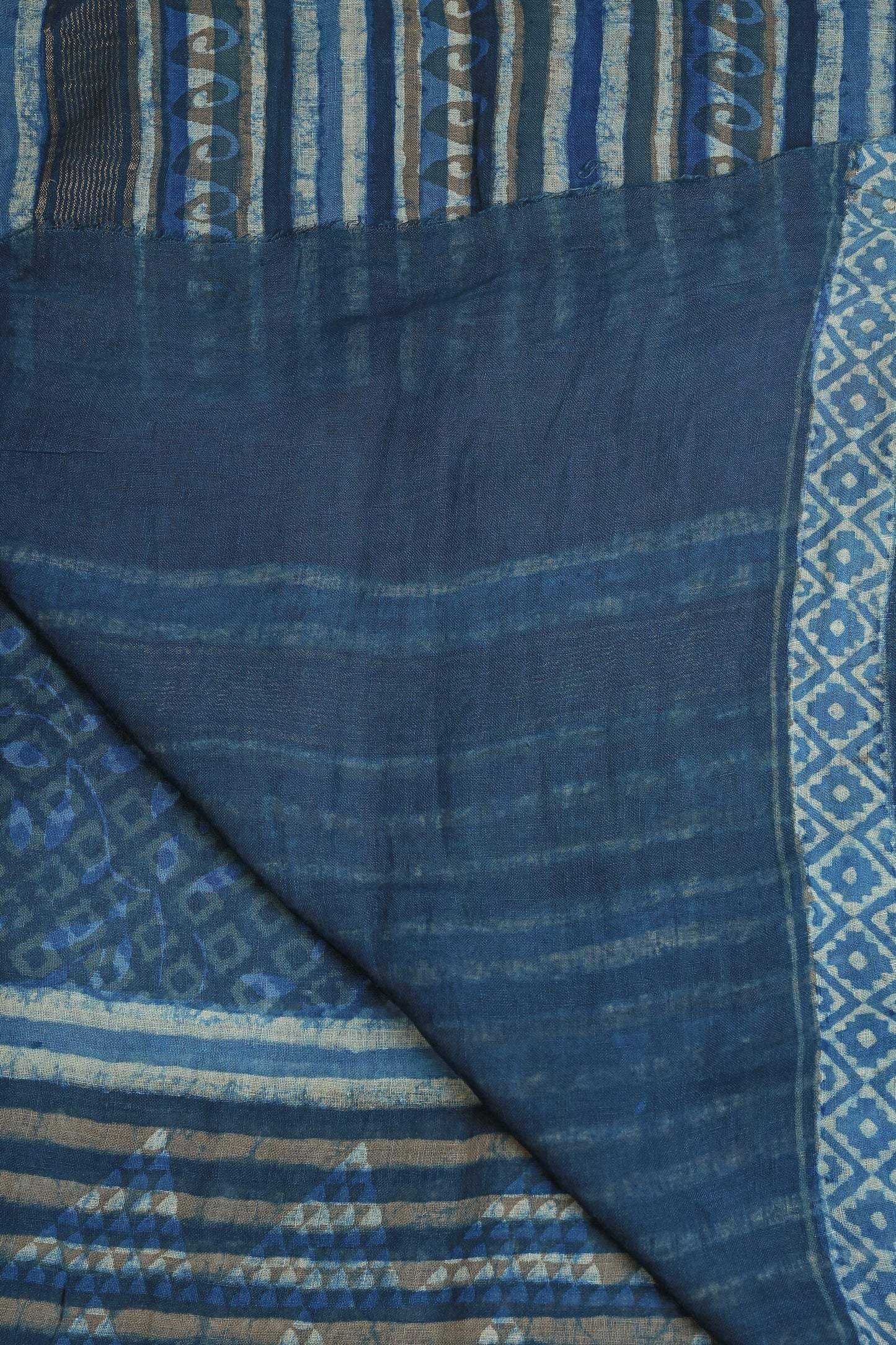 Linen Handblock Print Saree With Zari Border, folded saree view