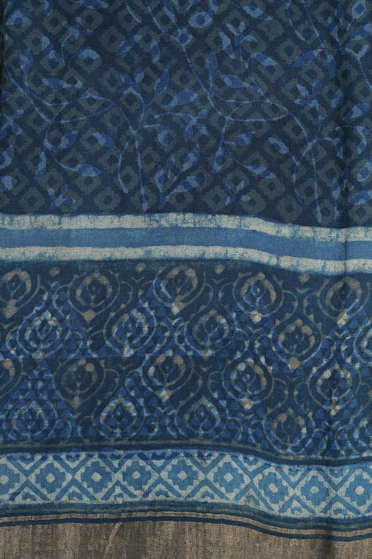 Linen Handblock Print Saree With Zari Border, fabric detail
