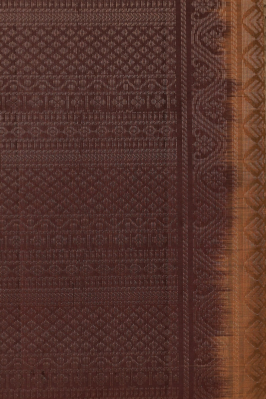 Ochre And Coffee Brown Pure Silk Saree With Zari Lines, fabric detail