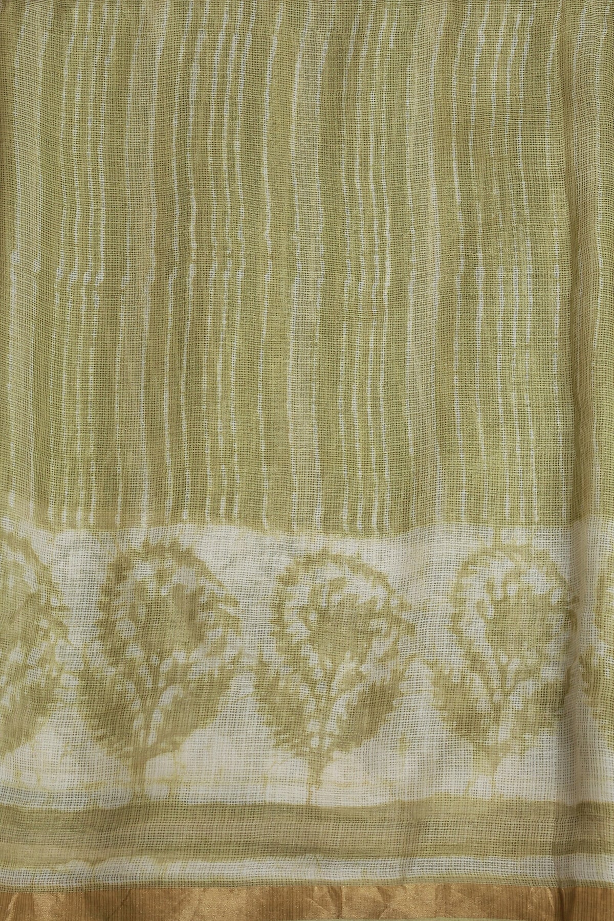Off White And Olive Green Silk Kota Saree With Golden Zari Border, fabric detail