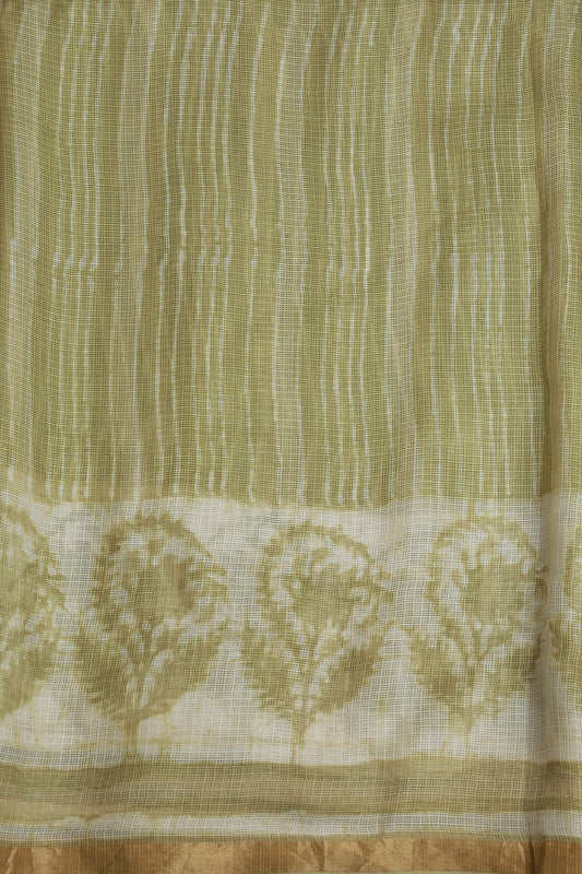 Off White And Olive Green Silk Kota Saree With Golden Zari Border, fabric detail