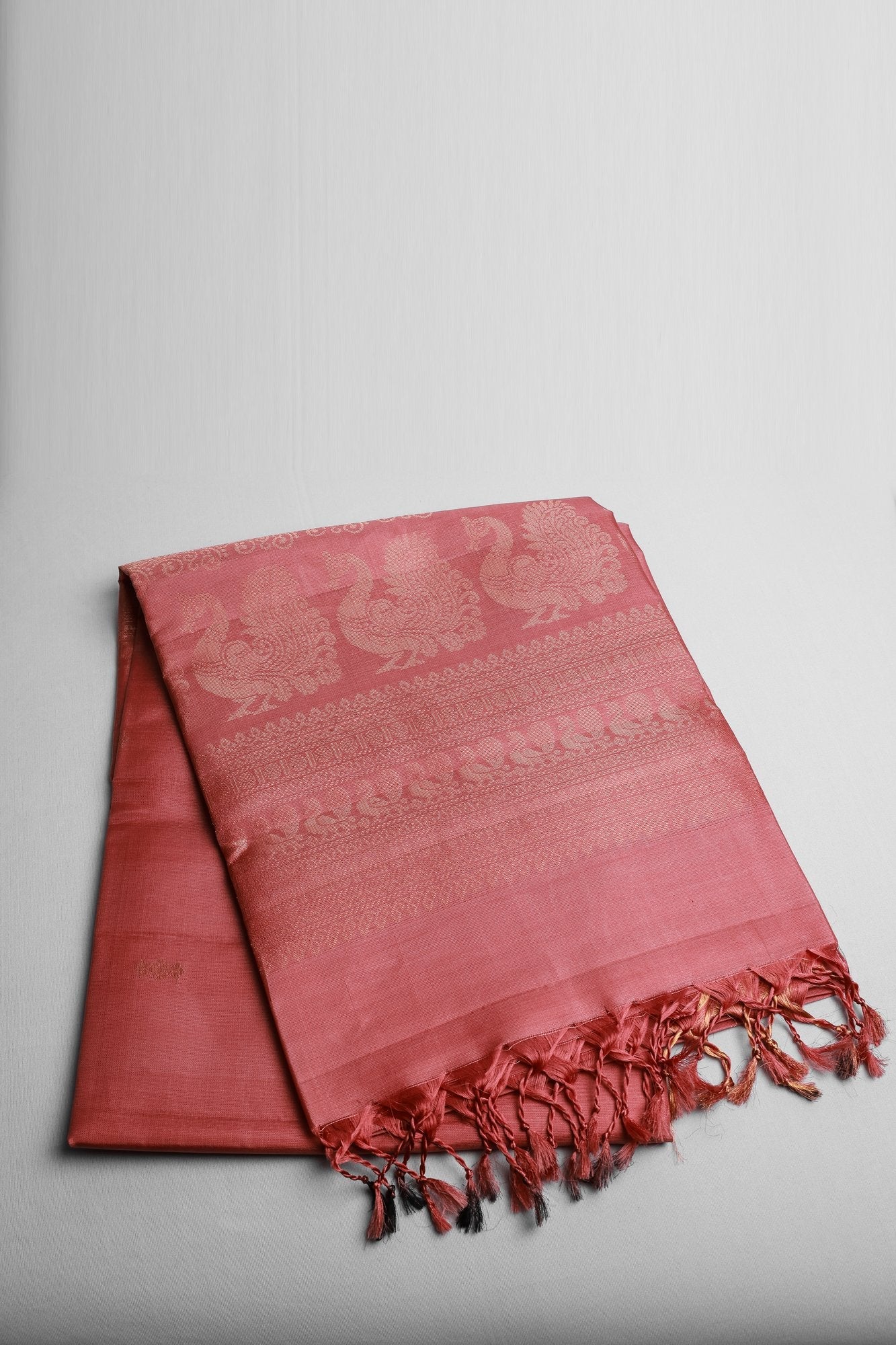 Onion Pink Pure Silk Saree with Golden Peacock Buttas on Border
