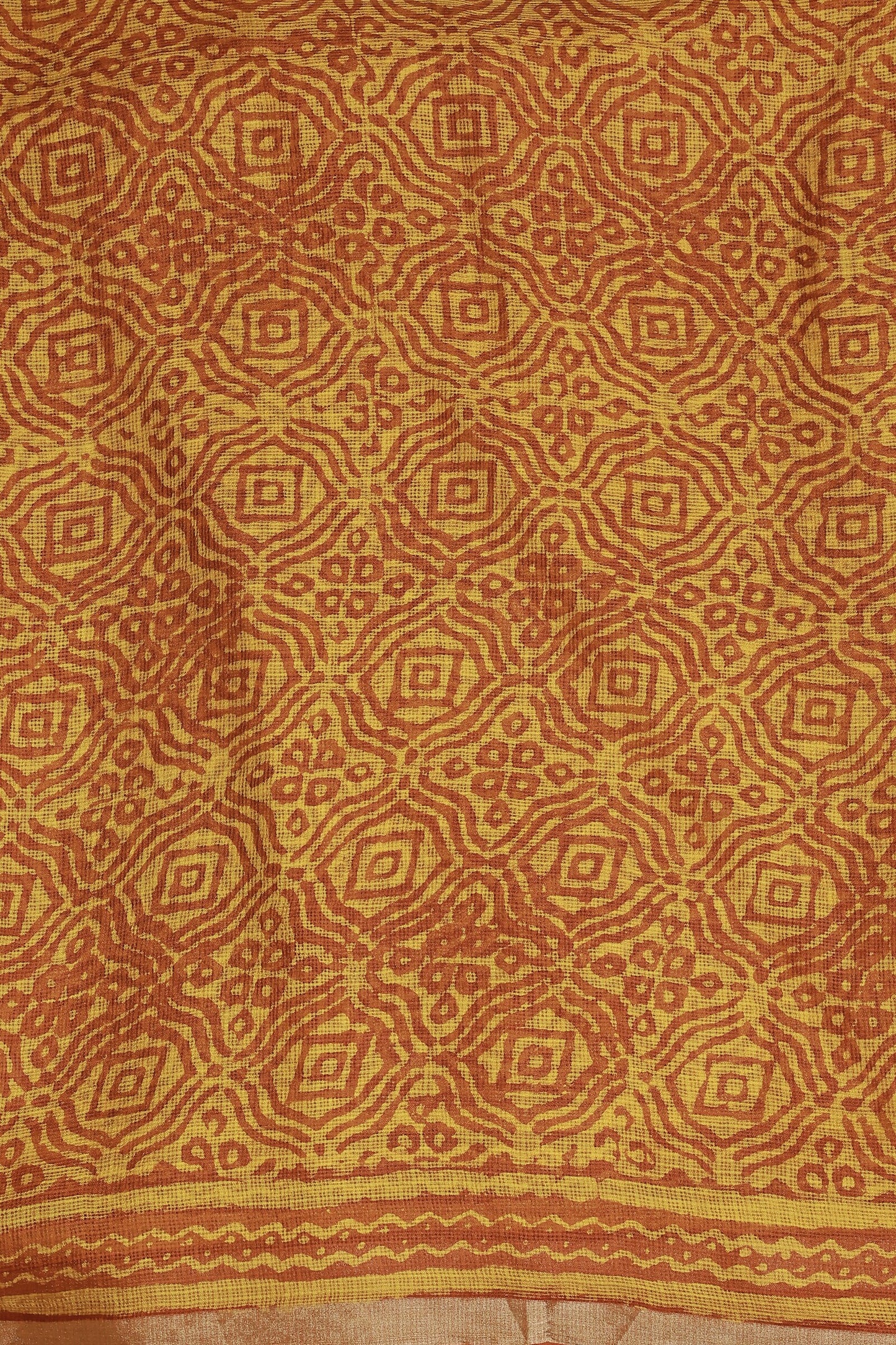 Orange And Yellow Silk Kota Handblock Saree With Golden Zari, fabric detail