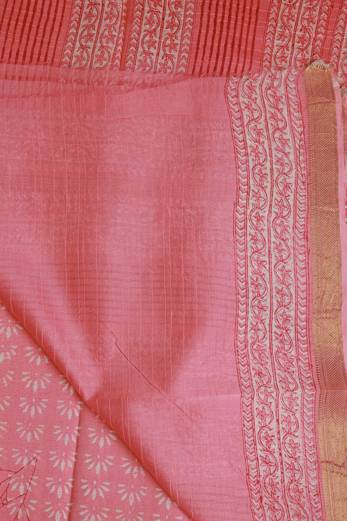 Pink Chanderi Silk Saree With Handblock And Zari Border, folded saree view
