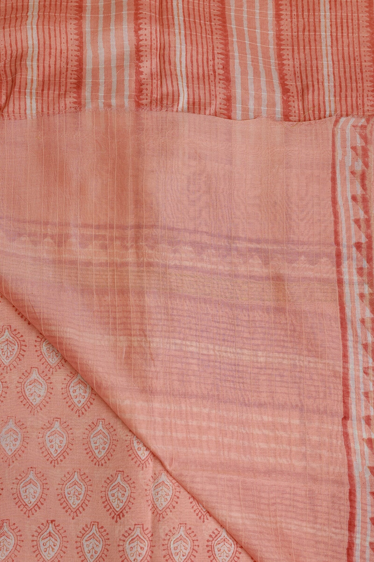 Salmon Pink Chanderi Silk Saree With Golden Zari Borders, folded saree view