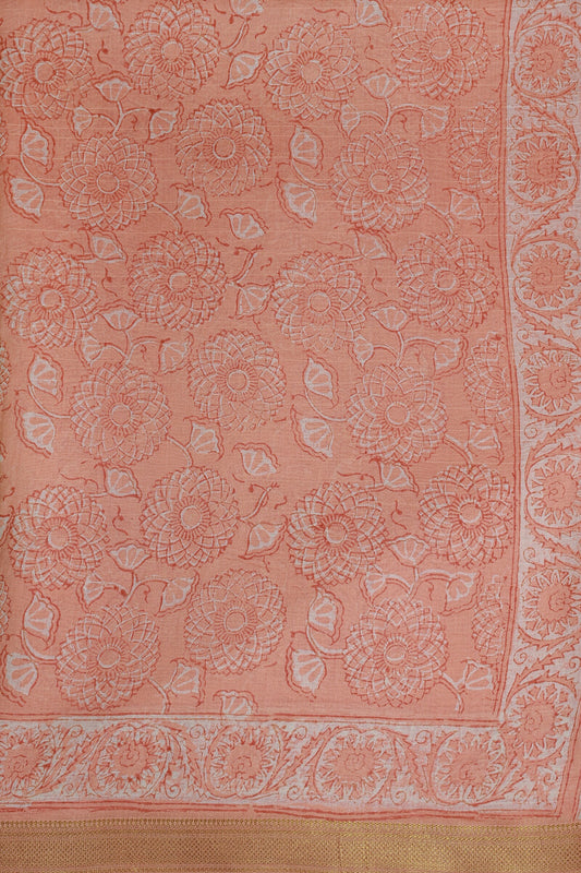 Salmon Shade Chanderi Handblock Print Saree With Zari Border, fabric detail