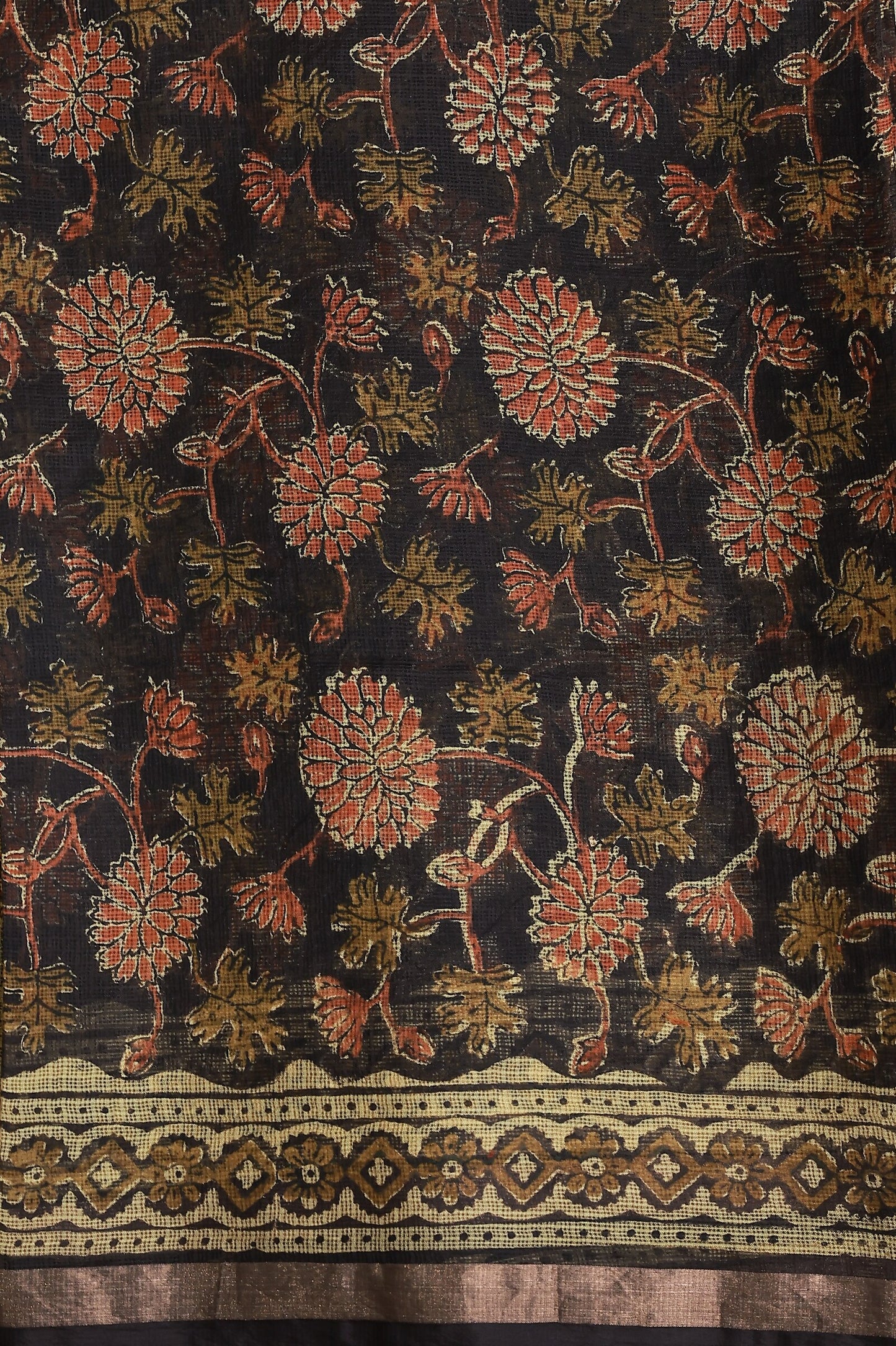 Silk Kota Coffee Brown And Orange Floral Handblock Saree With Black And Golden Zari Border, folded saree view