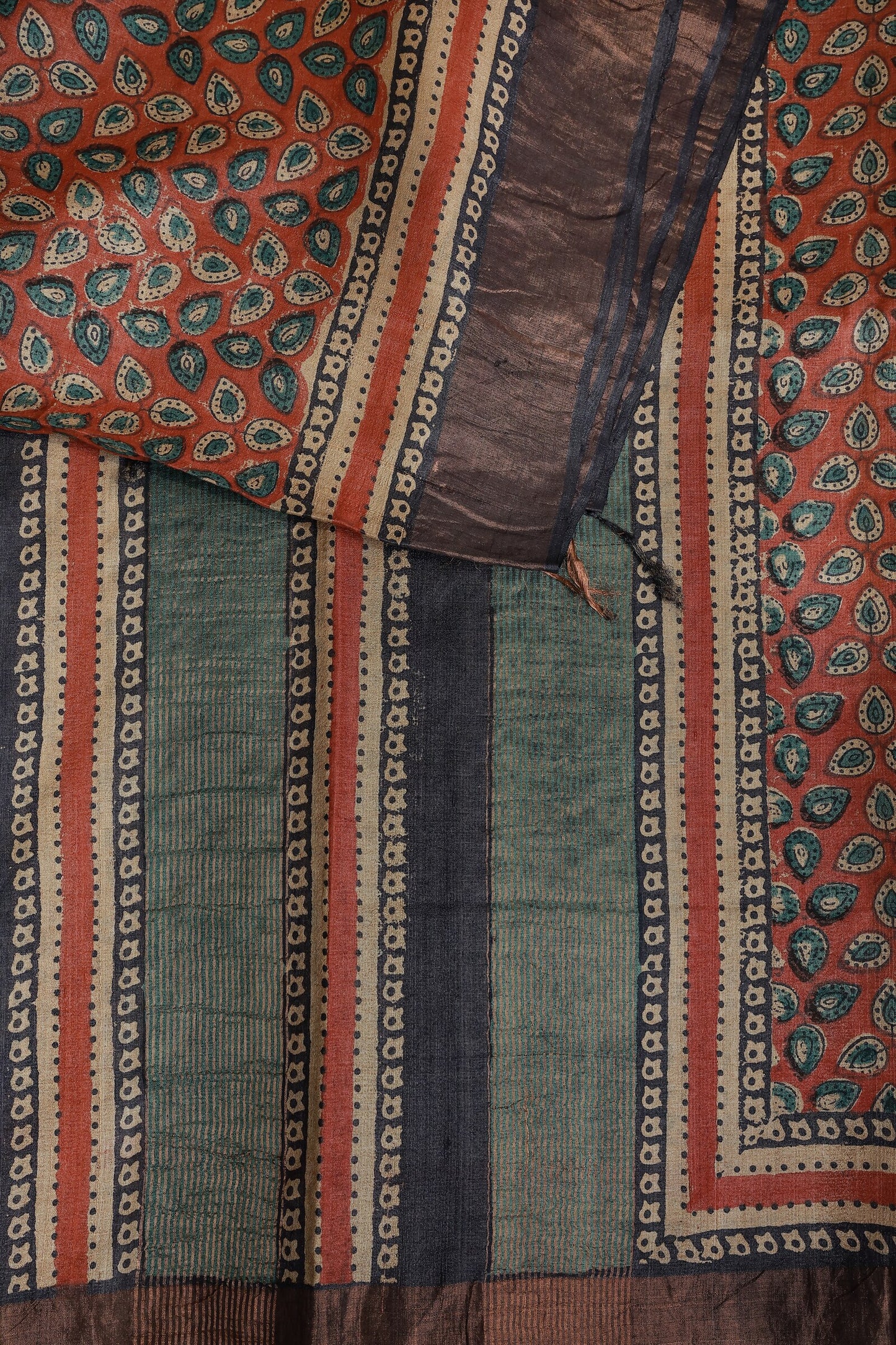 Terracotta Red Tussar Silk Saree With Natural Dye And Handblock, design view 3