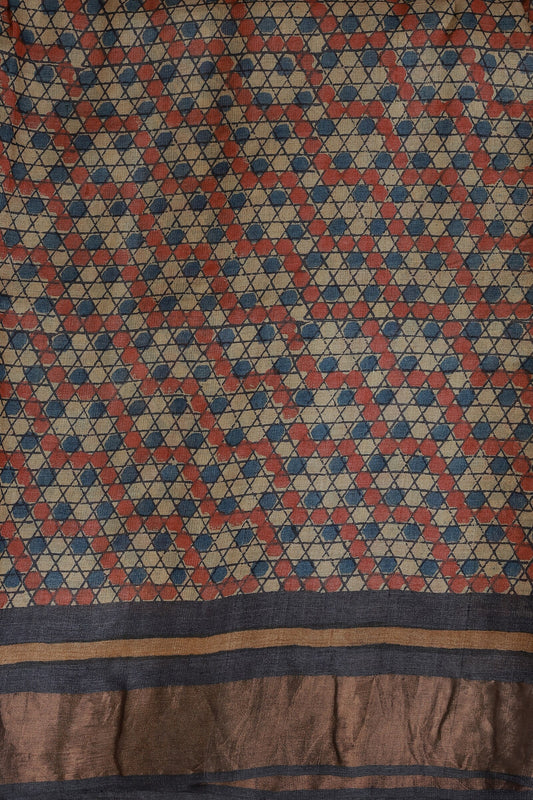 Tussar Silk Handblock Print Saree With Golden Zari Border, Red And Blue Triangle Polka Dots, And Natural Dye, fabric detail