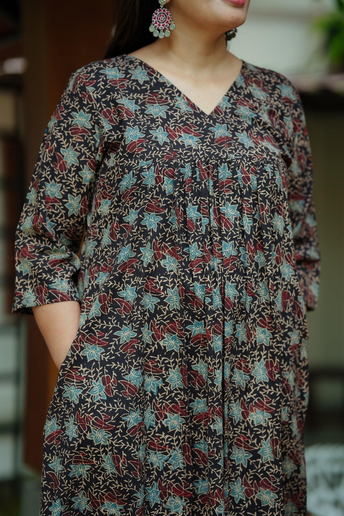Ajrak V-neck Kurti, print and construction detail
