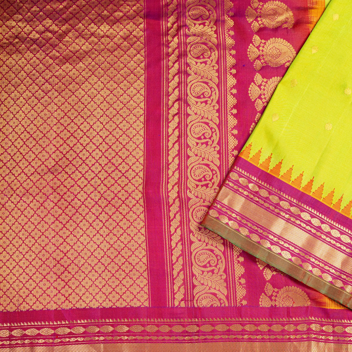 Vibrant Neon Yellow & Rani Pink Silk Saree with Woven Zari Pallu