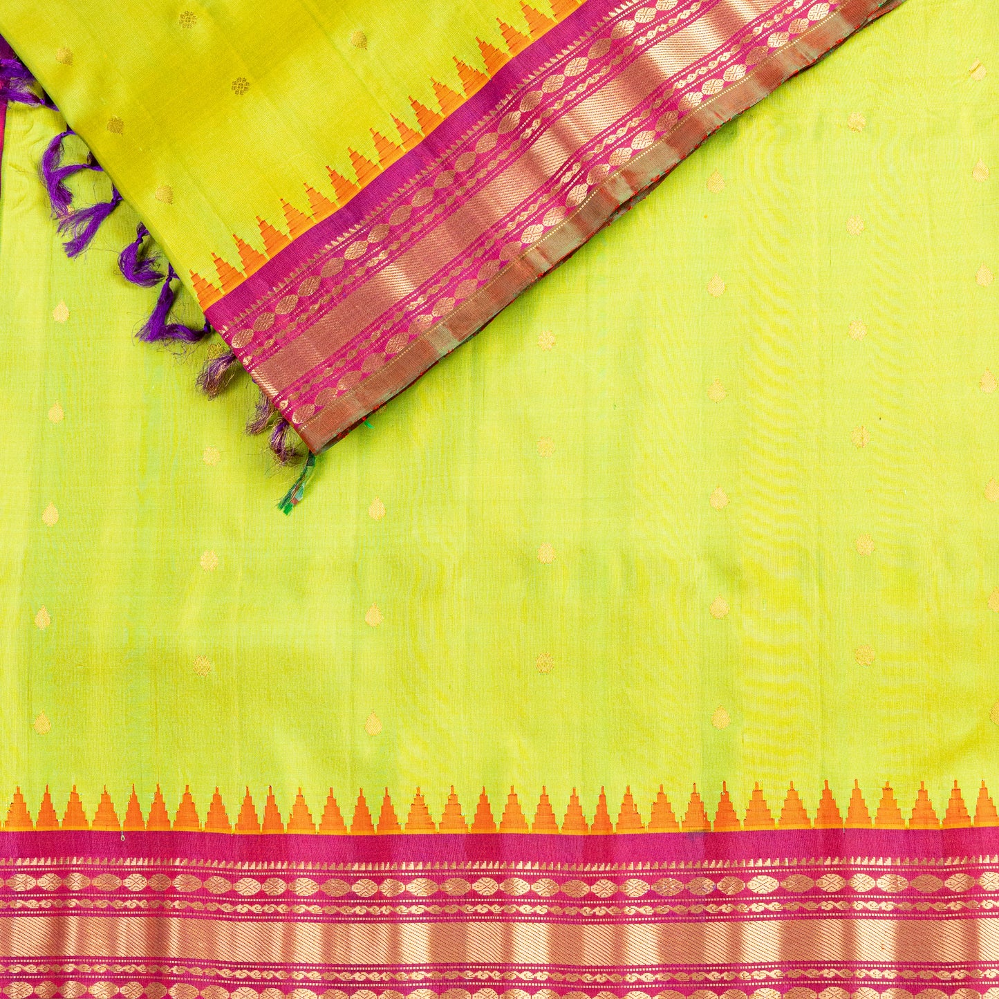 Vibrant Neon Yellow & Rani Pink Silk Saree with Woven Zari Pallu