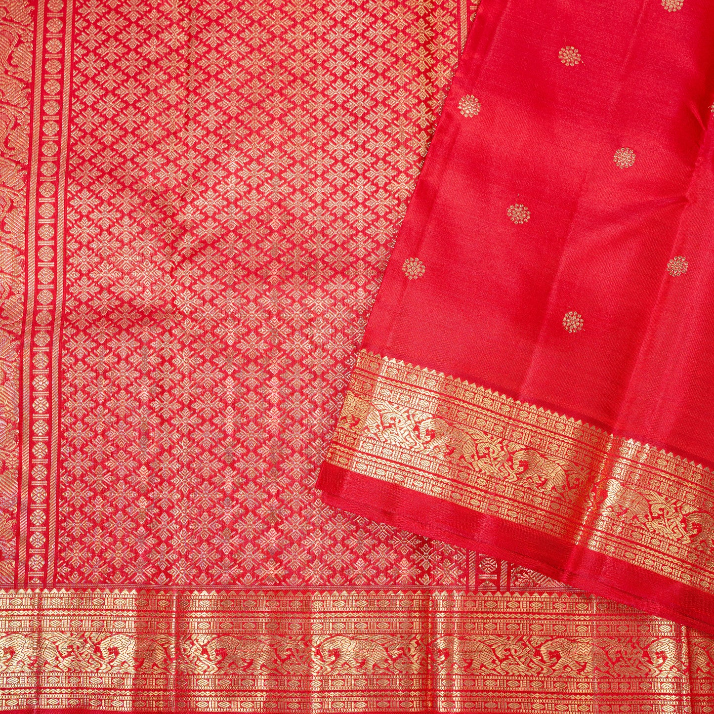 A red handwoven Kanchipuram silk saree in pure silk with 3-gram gold zari,