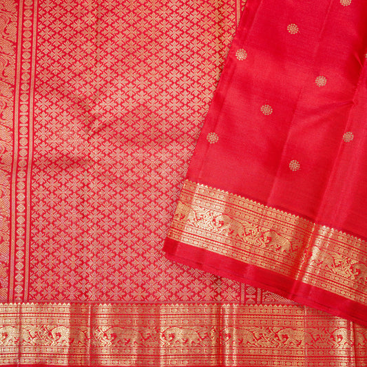 A red handwoven Kanchipuram silk saree in pure silk with 3-gram gold zari,
