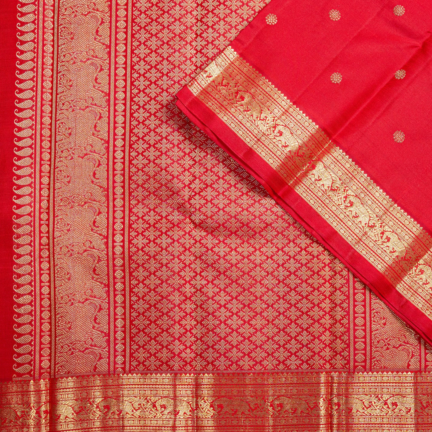 A red handwoven Kanchipuram silk saree in pure silk with 3-gram gold zari,