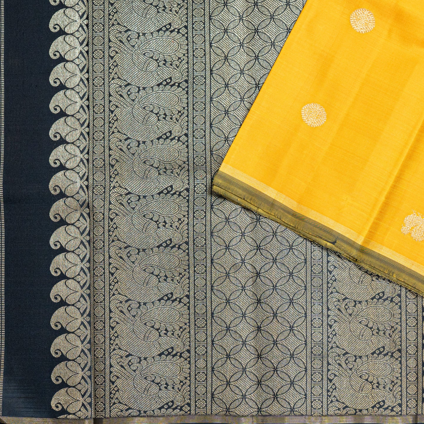 Radiant yellow Handwoven Kanchipuram 3-gram gold zari silk saree with Black pallu