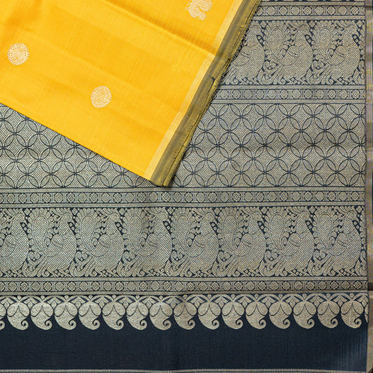 Radiant yellow Handwoven Kanchipuram 3-gram gold zari silk saree with Black pallu