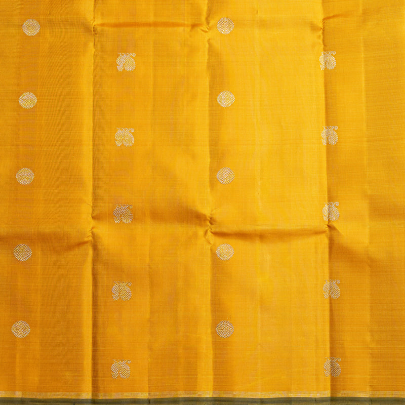 Radiant yellow Handwoven Kanchipuram 3-gram gold zari silk saree with Black pallu