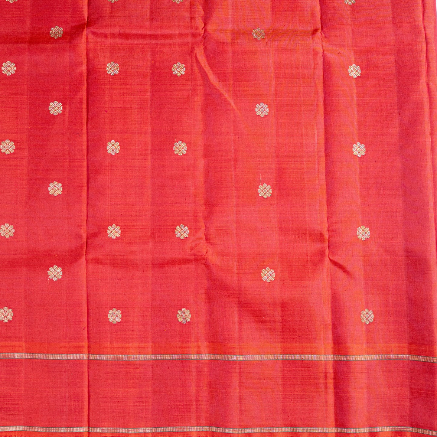 Classic Tomato Red Silk Saree with Gold Zari Stripes and Motifs
