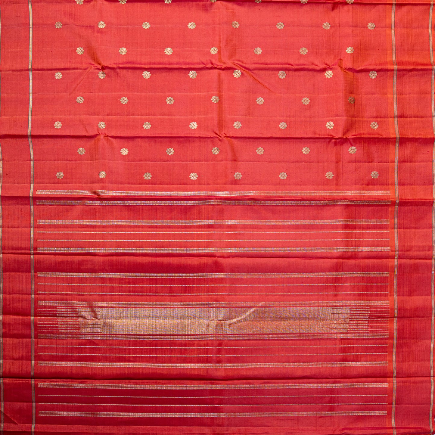 Classic Tomato Red Silk Saree with Gold Zari Stripes and Motifs