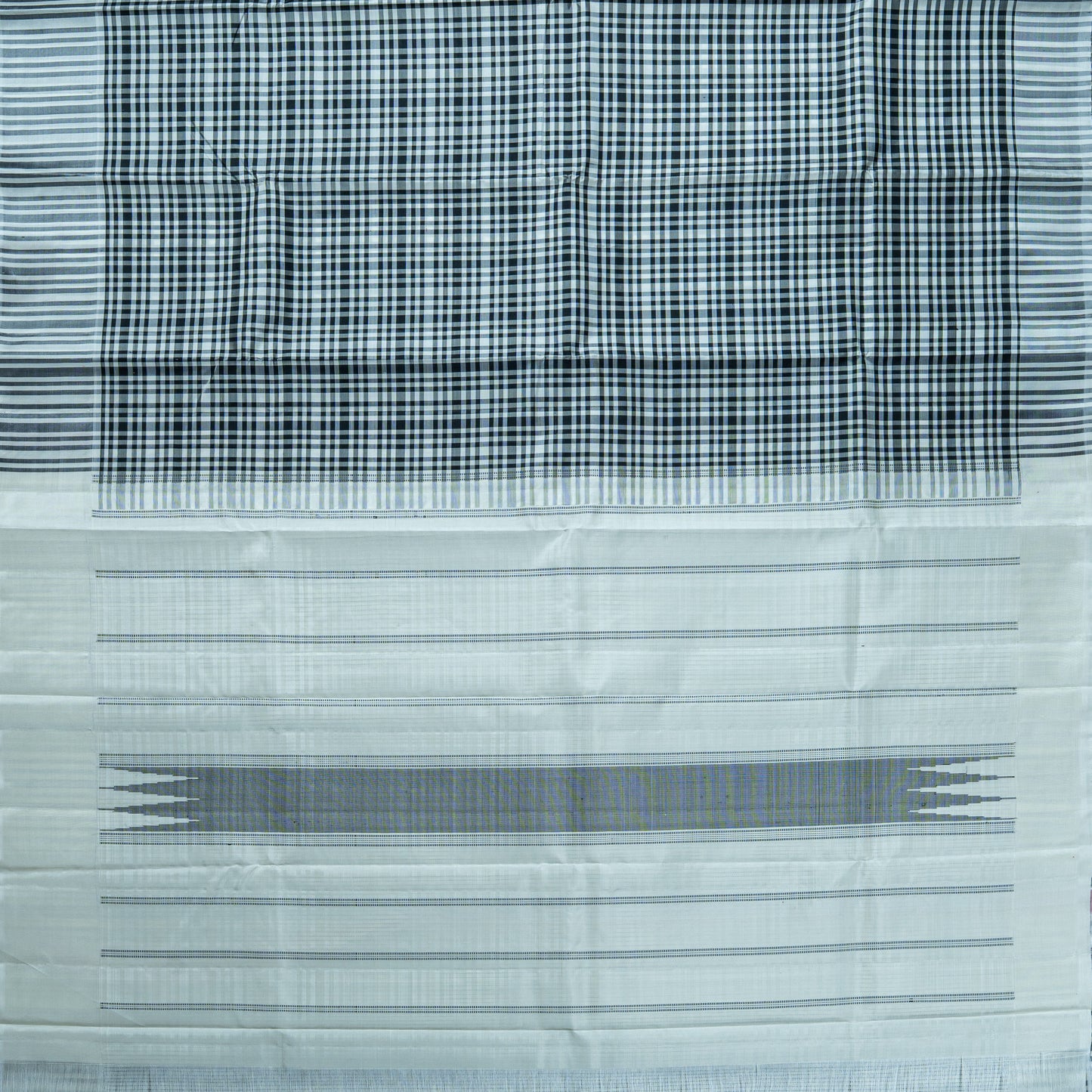 Monochrome Handloom Saree: Black Check Pallu & White Striped Body