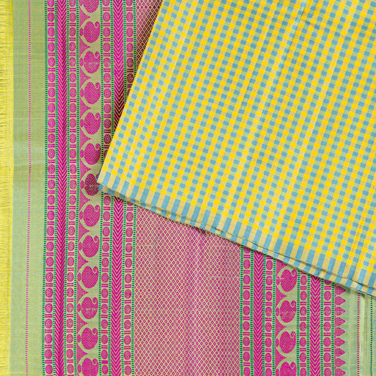 Vibrant Handloom Silk Saree: Yellow Check Body with Rani Pink & Green Pallu