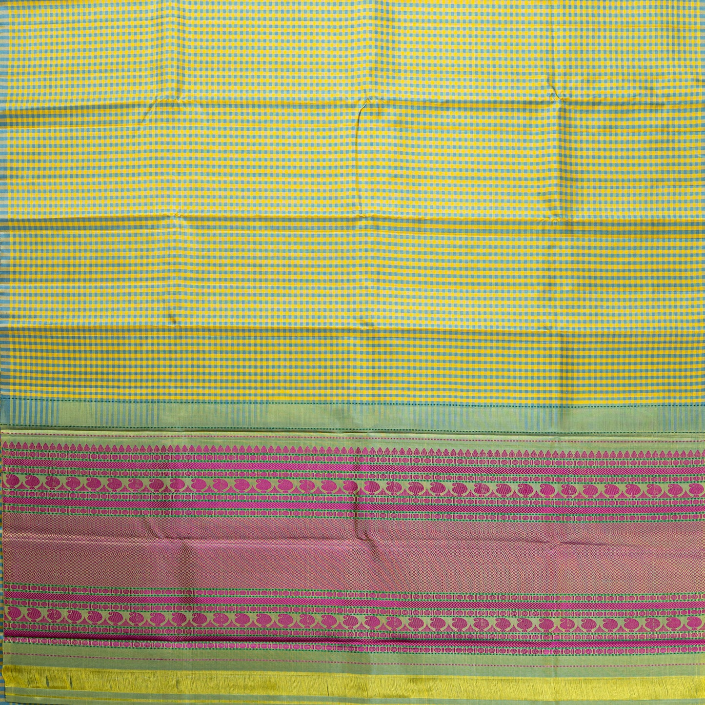 Vibrant Handloom Silk Saree: Yellow Check Body with Rani Pink & Green Pallu