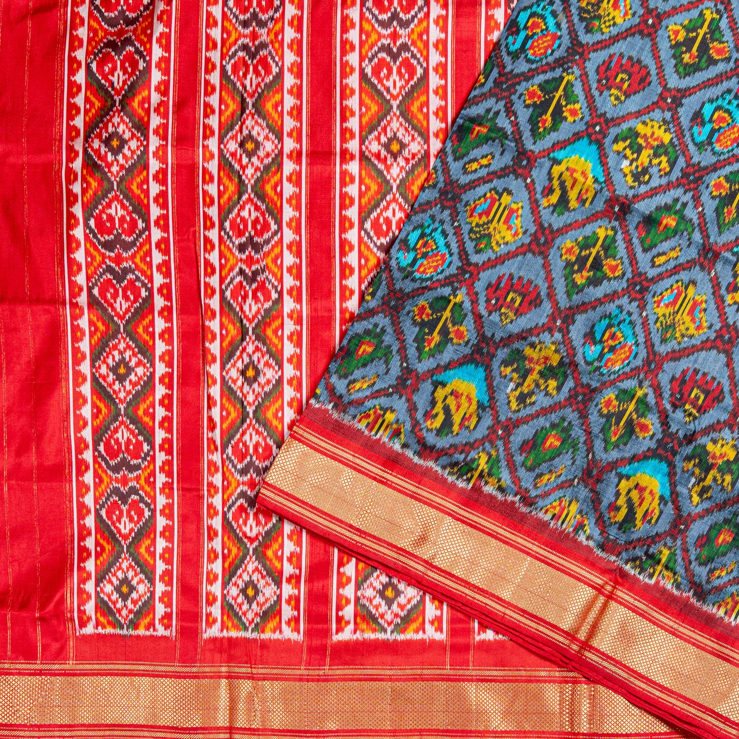 Handwoven Pochampally vibrant Blue Red Ikat Silk Saree