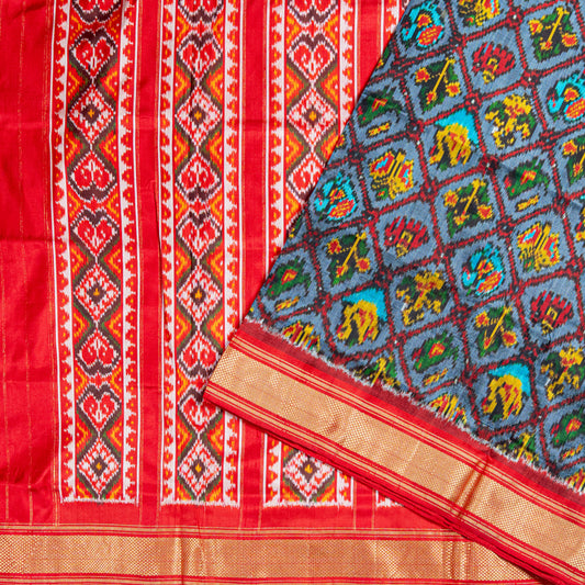 Handwoven Pochampally vibrant Blue Red Ikat Silk Saree