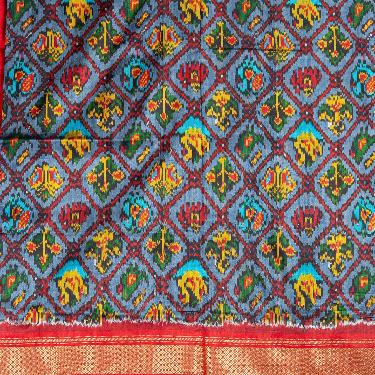 Handwoven Pochampally vibrant Blue Red Ikat Silk Saree