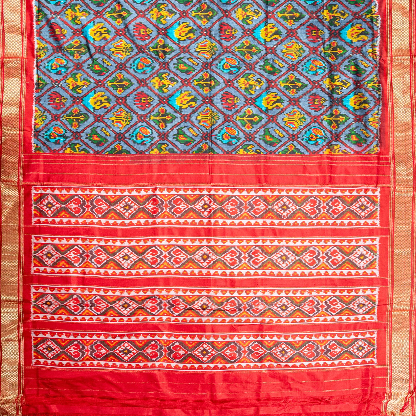 Handwoven Pochampally vibrant Blue Red Ikat Silk Saree