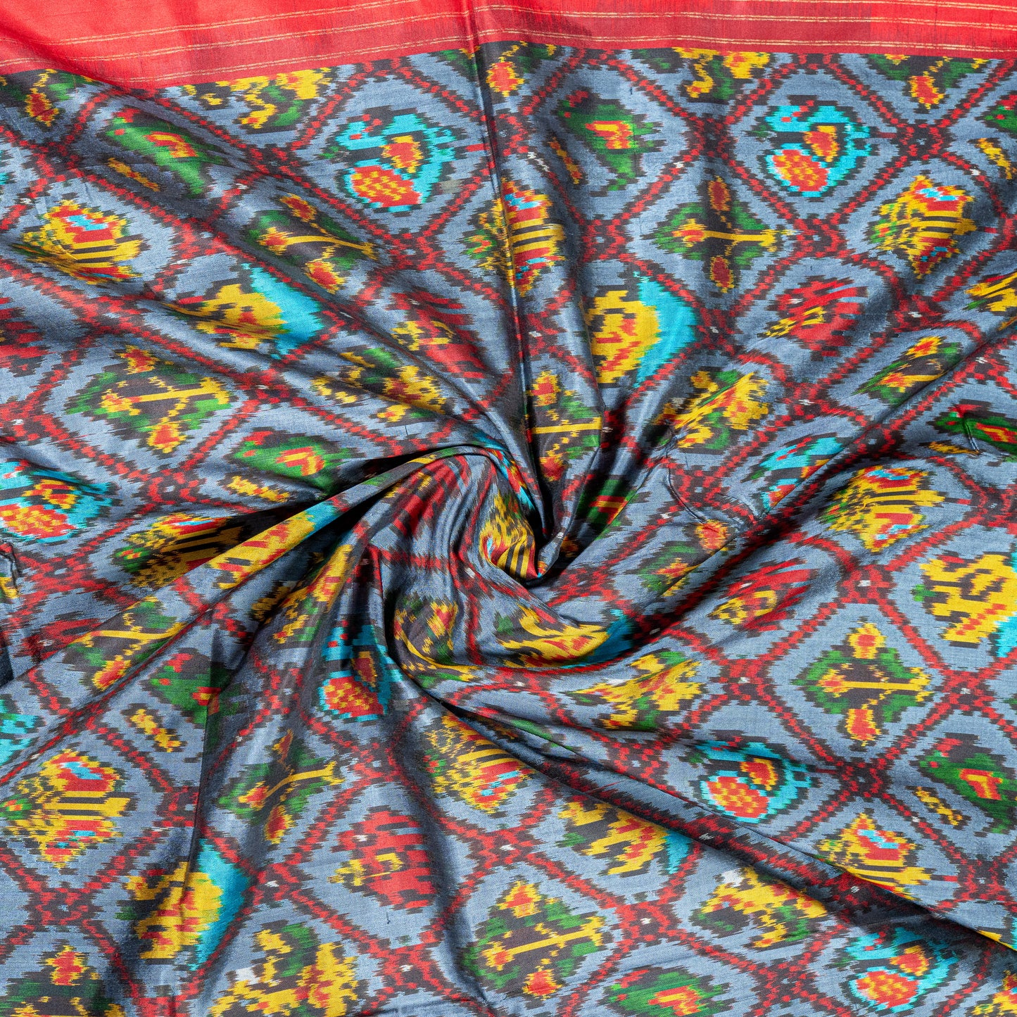 Handwoven Pochampally vibrant Blue Red Ikat Silk Saree