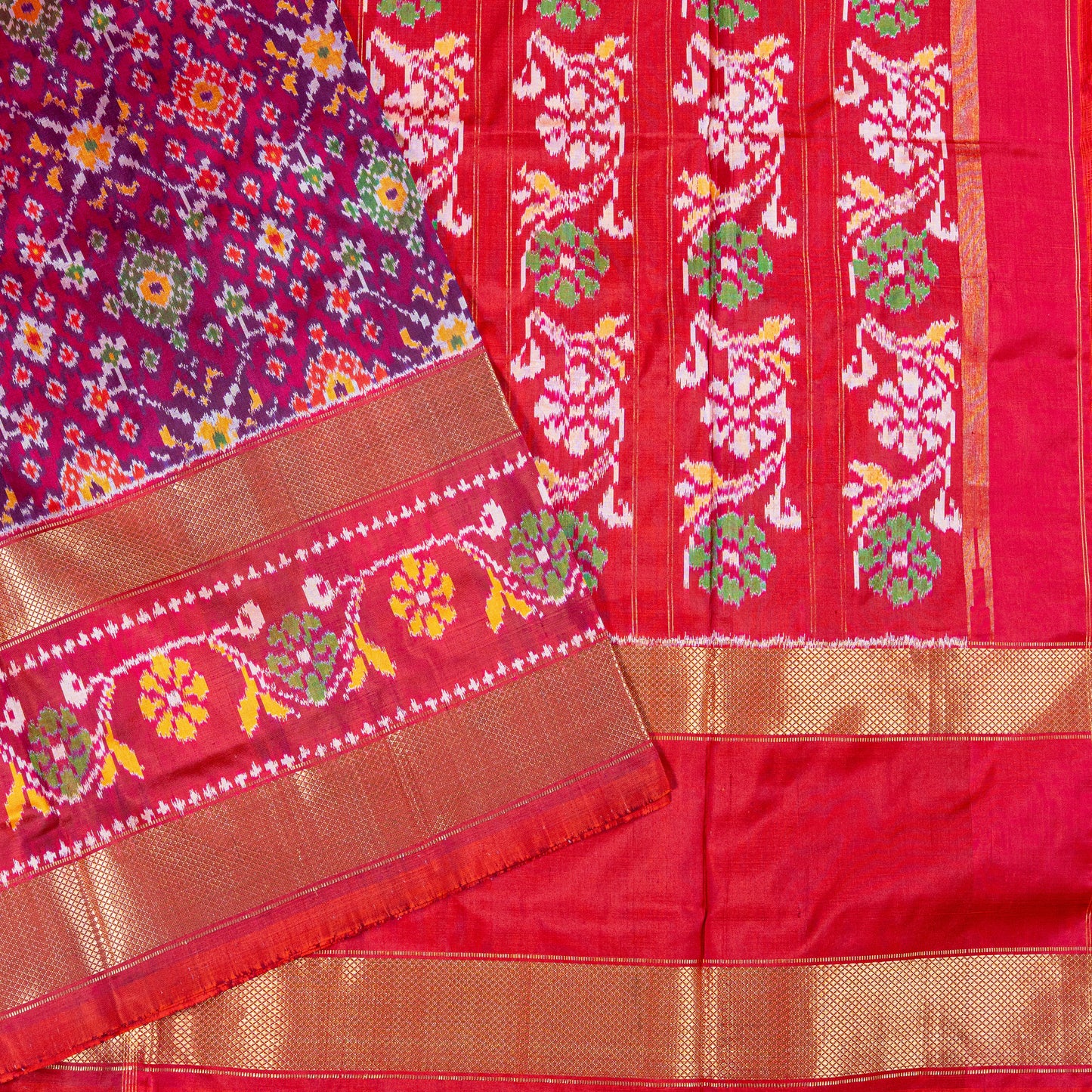 Vibrant Purple & Red Silk Pochapally Ikkat Saree with Zari Border